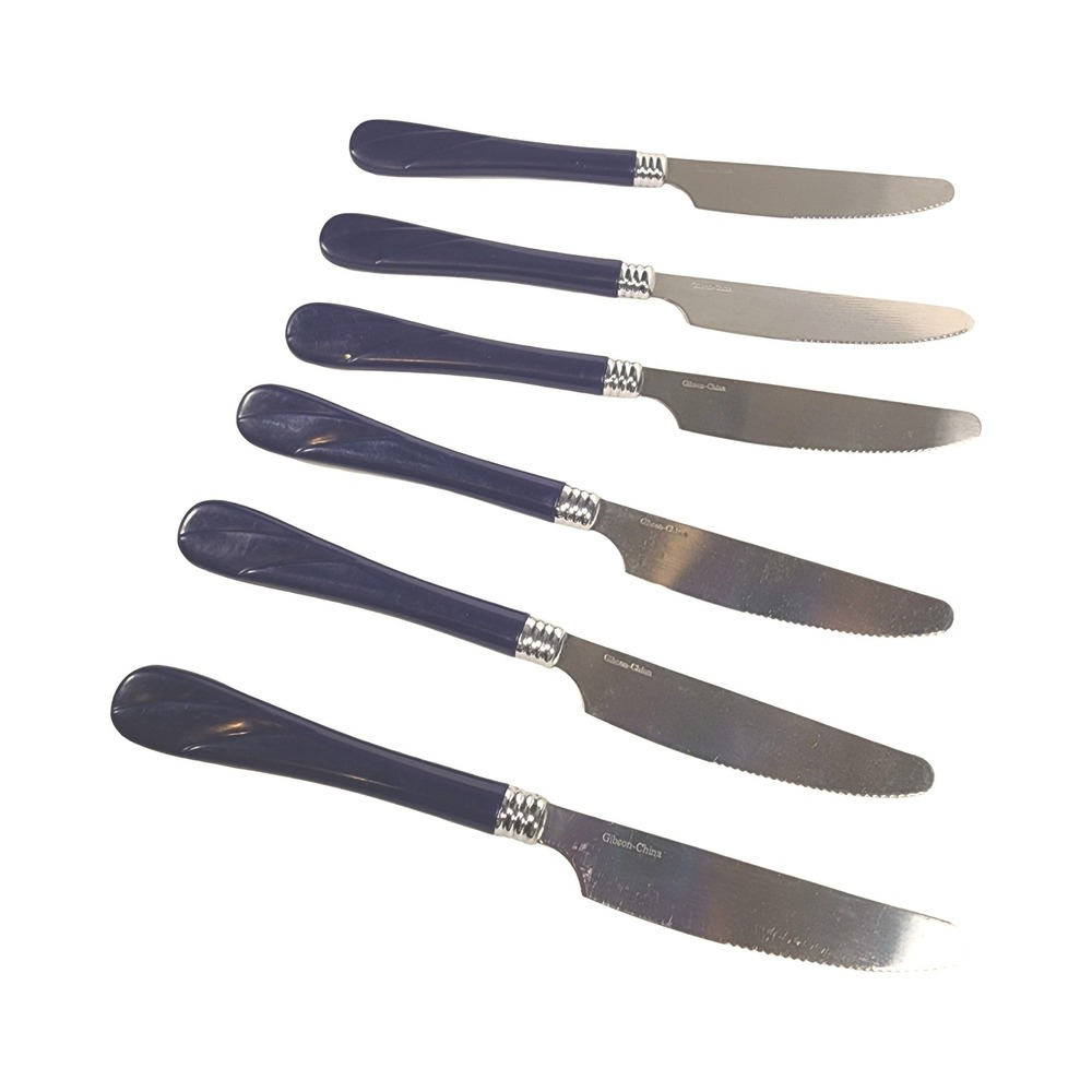 Gibson China Dinner Knives Set of 6 Navy Blue Swirl Handle Serrated‎
